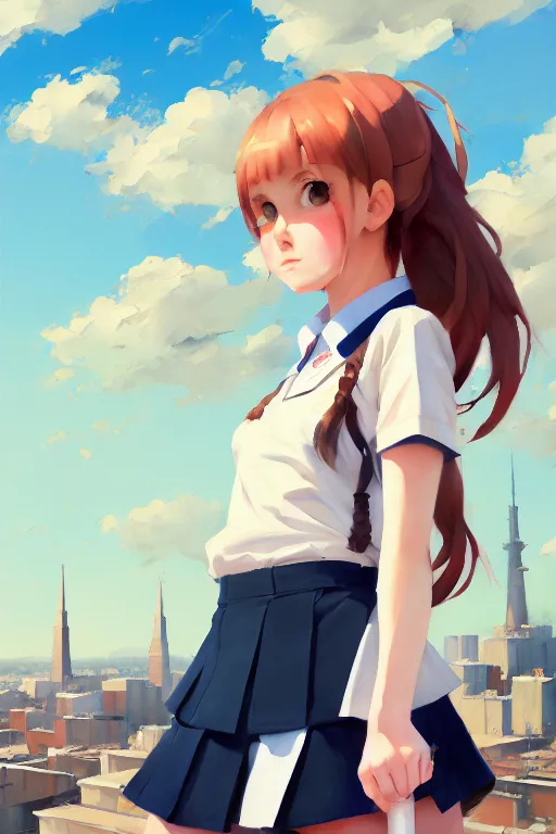 Image similar to gouache of a cute girl wearing school uniform standing on the edge of the roof of a tall building, 8 k wallpaper, strong brush stroke, very high detailed, sharp focus, illustration, morandi color scheme, art station, by krenz cushart