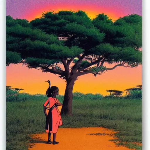 Image similar to a maasai girl standing in the savanna during a sunset by studio ghibli