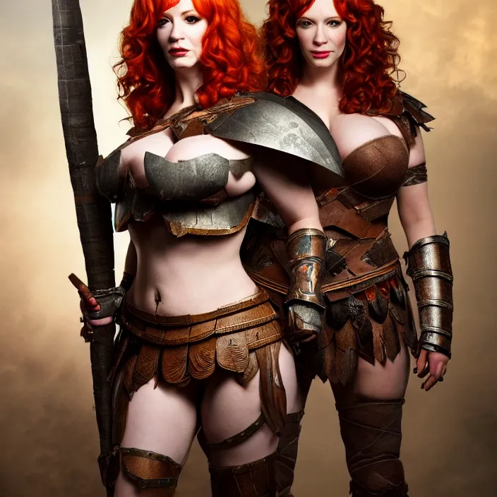 Prompt: full length photograph of a real-life christina hendricks as an amazon warrior, Extremely detailed. 8k