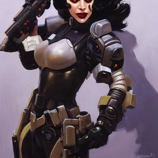 Image similar to greg manchess portrait painting of armored neena thurman aka domino as overwatch character, medium shot, asymmetrical, profile picture, organic painting, sunny day, matte painting, bold shapes, hard edges, street art, trending on artstation, by huang guangjian and gil elvgren and sachin teng