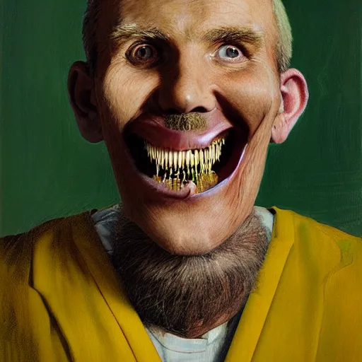 Image similar to dentist portrait of a dentist with large, giant teeth, rotten teeth, yellow, broken, cavities, moldy by Mark Brooks and Dod Procter