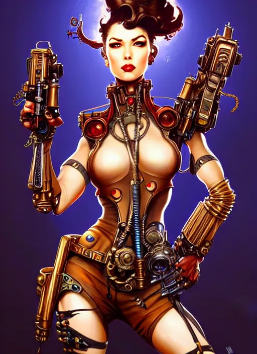 Prompt: front portrait of attractive Lady Mechanika standing while holding retro guns that wrap their arms, Intricate steampunk imagery , D&D!, fantasy style, sharp focus!, ultra detailed, art by Artgerm and Peter Andrew Jones, WLUP