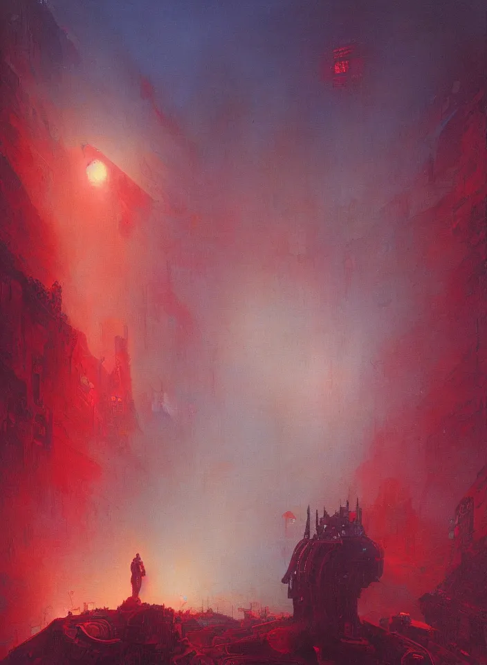 Image similar to the blind liberty of the few, red and purple palette, volume light, fog, by ( h. r. giger ) and paul lehr