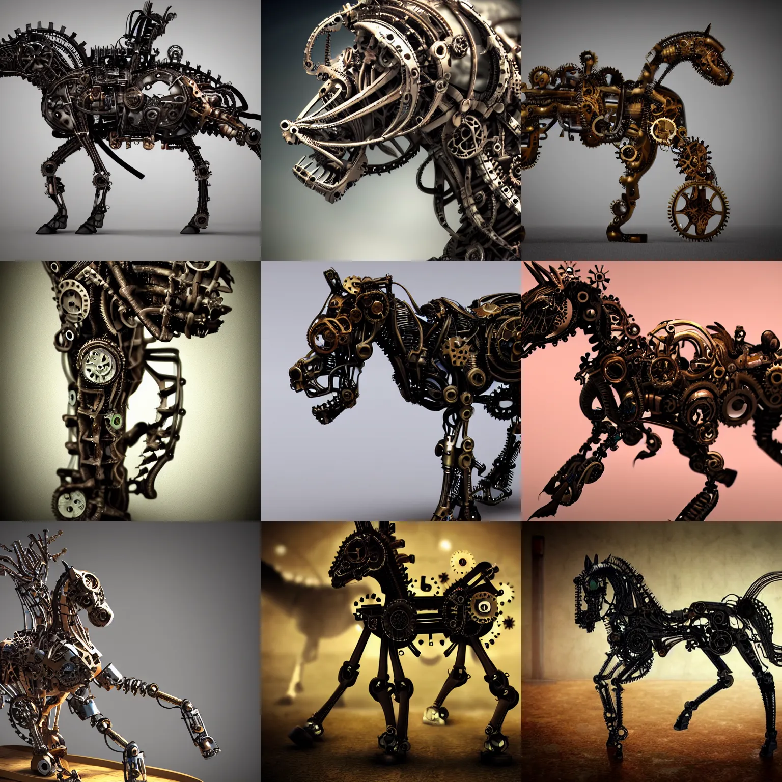 Prompt: biomechanical cyborg horse steampunk creepy unsettling bokeh photorealistic