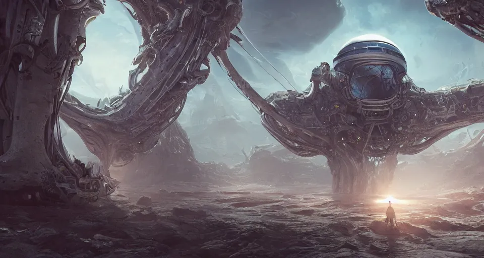 Image similar to A beautiful artwork illustration, detailed, level design, third person, The pristine halls of an organic alien spacecraft, biomechanical structures, subsurface scattering, realistic, featured on Flickr, wide angle, horizontal orientation, very coherent, cinematic, hyper realism, high detail, octane render, 8k