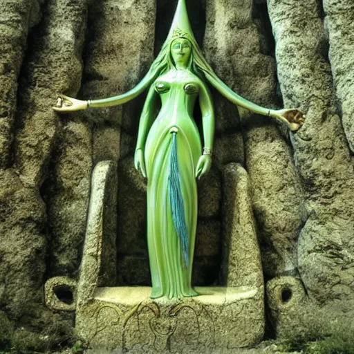 Image similar to The Goddess Asherah standing outside the gates to the emerald city on planet Oz surounded by Elves