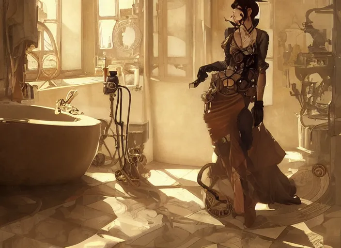 Image similar to woman model, steampunk!!! and modern, neutral colors, in a bathroom, backlit, elegant, highly detailed, digital painting, artstation, concept art, smooth, sharp focus, illustration, art by krenz cushart and artem demura and alphonse mucha