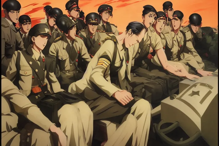 Prompt: anime key visual of dictator fascist nationalist propaganda poster from world war 2 depicting an elite regiment of anime maids commiting war crimes, style of jamie wyeth james gilleard edward hopper greg rutkowski acrylic painting, preserved museum piece, historical