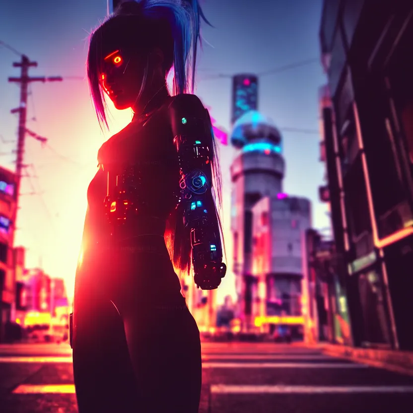 Image similar to a photo close up cyberpunk cyborg girl stands in a cyberpunk hiroshima, prefecture streets, sunset, photorealistic, cinematic lighting, very detailed, style by tomino - sama