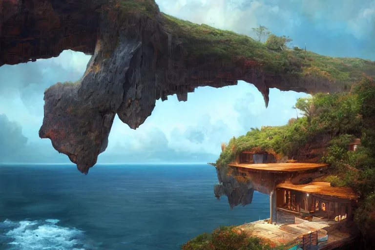 Image similar to lovely a - frame home sits atop a broad cliff, overlooking the entirety of the blue sky, digital painting by greg rutkowski and gaston bussiere, zbrush, cgsociety contest winner, comprehensive art, intricate, landscape photography, brightly radiant atmosphere, overcast sky, homogeneous to hawaii, 4 k, 8 k