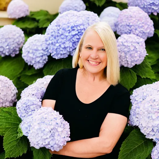 Image similar to 5 0 year old mildly overweight blonde woman, welcoming grin, wearing black, surrounded by hydrangeas, small white dog at her side, portrait, headshot, detailed, high quality