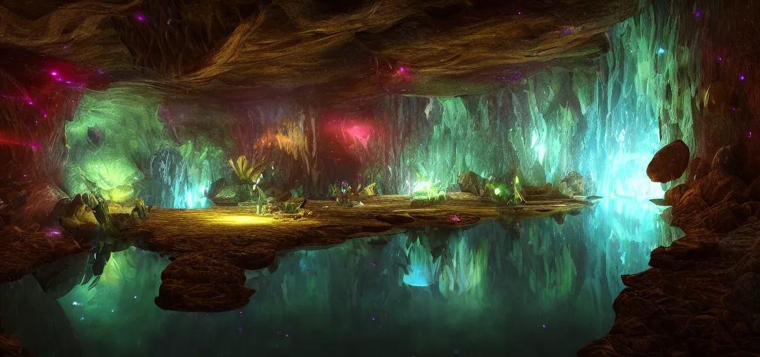 Prompt: beautiful view of inside a nightime magical space cave, glowing pond with accurate caustics, magical sparkling colored dust, unreal engine, dramatic lighting, ultra detailed, sharp, ambient occlusion, bloom, fireflies, glowing firebugs, global illumination, light rays, raytracing, vibrant, vivid colors, 3 d artstation render, by noah bradley and jordan grimmer