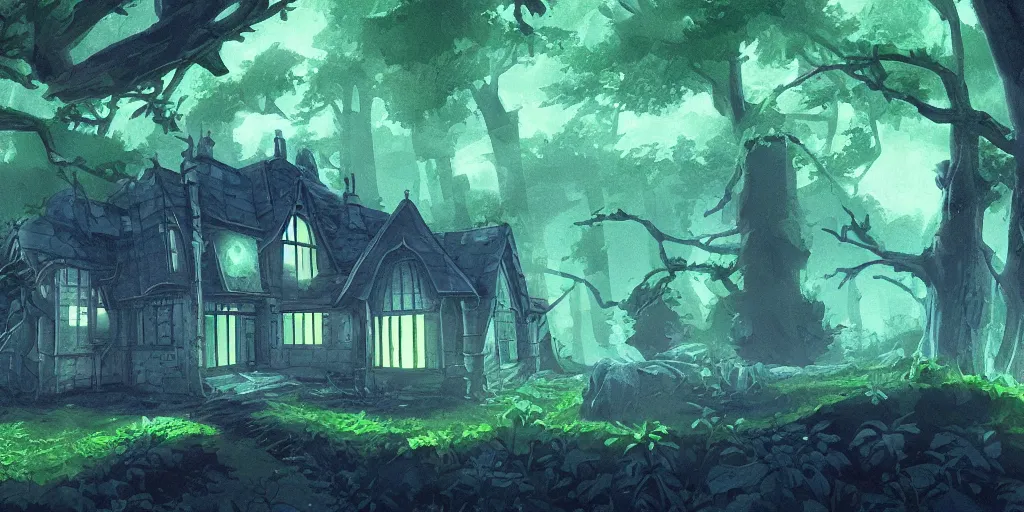 Image similar to manor in the middle of the forest, at night, green, dark blue!!!!, bright, artstation, detailled, manga!!!, fantasy!!!!!!