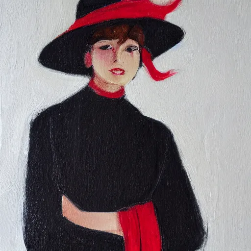 Prompt: a woman in a black dress, wearing a white hat and a red scarf, very beautiful woman, 4k, art by Sandra Pelser