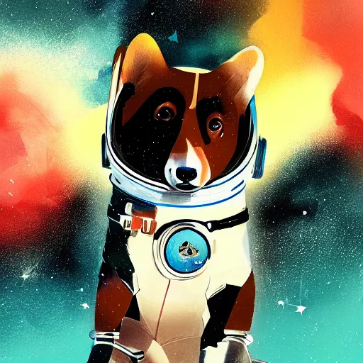 Prompt: heroic corgi cosmonaut in outer space, beautiful digital illustration by ilya kuvshinov, anime, smooth, cosmic, cinematic, stars, futuristic, sci - fi, brilliant, exquisite, 8 k