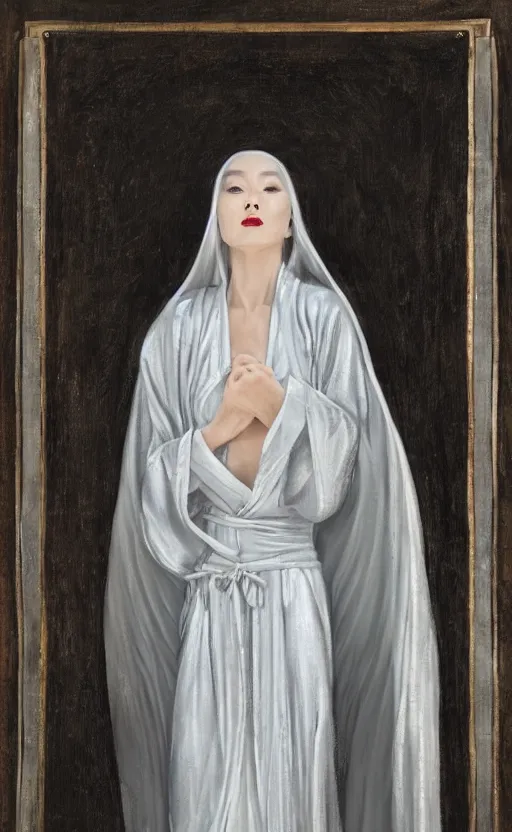 Prompt: angel with silver hair so pale and wan! and thin!?, flowing robes, covered body, lone petite asian goddess, wearing robes of silver, flowing, pale fair skin, young cute face, covered!!, clothed!! lucien levy - dhurmer, jean deville, oil on canvas, 4 k resolution, aesthetic!, mystery