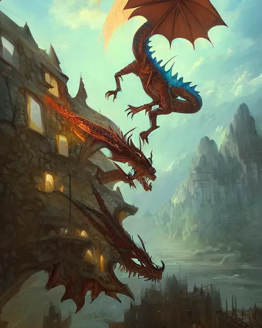 Image similar to a beautiful digital artwork of a dragon attacking a small town by esao andrews and peter mohrbacher. trending on artstation