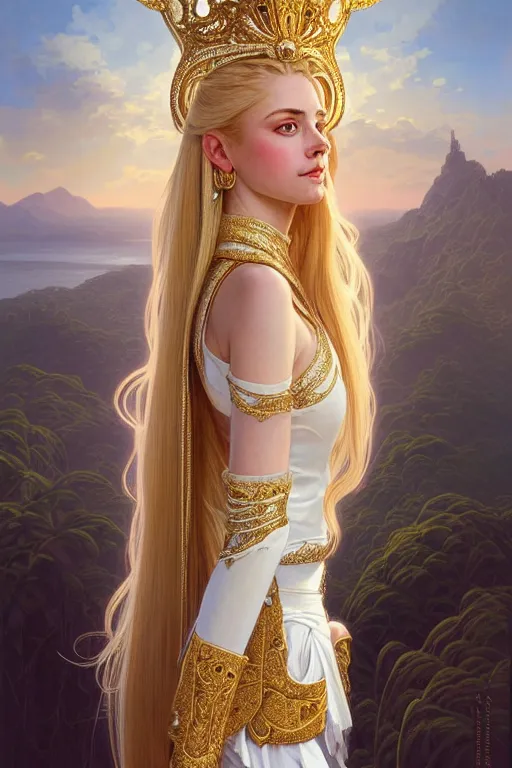 Image similar to portrait of a humanoid princess with long blonde hair, standing next to a beautiful view, ornate white officers outfit with gold embellishments, intricate, elegant, highly detailed, digital painting, artstation, concept art, smooth, sharp focus, illustration, art by artgerm and greg rutkowski and alphonse mucha, 8 k