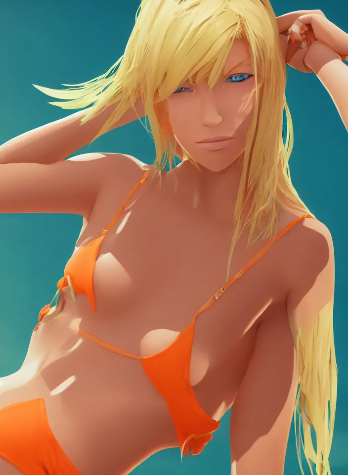 Image similar to beautiful blond woman in orange tribal bikini, blond hair pulled back off the face, green eyes, by makoto shinkai, 8 k, high resolution render, cinematic, unreal engine, clean lineart and flat color,