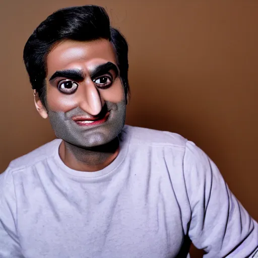 Prompt: animatronic Kumail Nanjiani, exposed mechanics, photo, Stan Winston studios, detailed, 4k