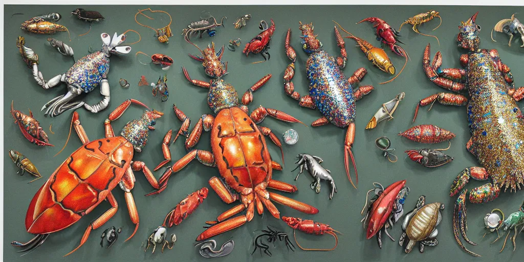 Prompt: imaginary animals, squid, horse, lobster, turtles by raqib shaw, made from oil metallic paint glitter rhinestones and graphite on white paper,