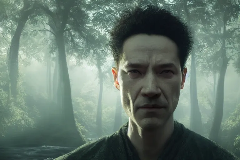 Image similar to an ultra realistic cinematic!! headshot portrait!! of an evil wizard in a vast serene landscape with trees and rivers in the matrix, matrix code, detailed, deep focus, movie still, dramatic lighting, ray tracing, by michal karcz and ryoji ikeda