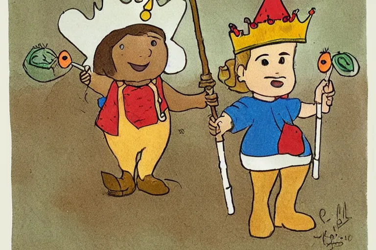 Prompt: pinto bean holding a staff, wearing crown, cartoon character,