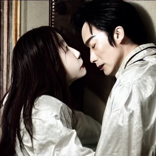 Prompt: film still, two vampires kissing, directed by park chan - wook