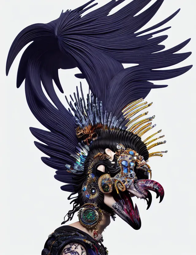 Image similar to 3 d goddess close - up profile portrait punk with mohawk with ram skull. beautiful intricately detailed japanese crow kitsune mask and clasical japanese kimono. betta fish, jellyfish phoenix, bio luminescent, plasma, ice, water, wind, creature, artwork by tooth wu and wlop and beeple and greg rutkowski