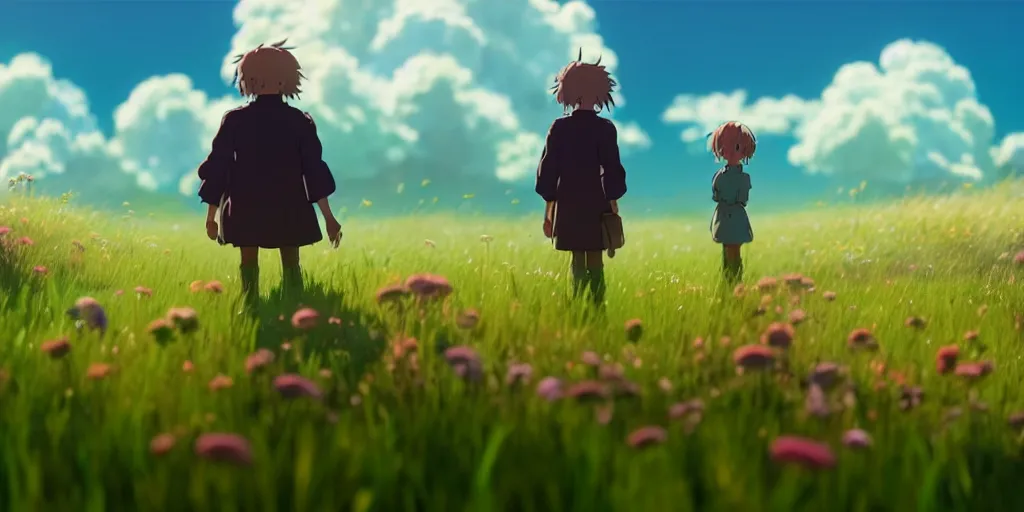 Prompt: a wholesome animation key shot of a beautiful grass field with flowers, howl's moving castle inspired by studio ghibli, animation, sharp, rendered in unreal engine 5, focused, anime key art by greg rutkowski, bloom, dramatic lighting