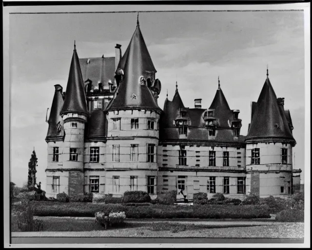 Prompt: old black-and-white photograph of a French castle constructed with lego bricks