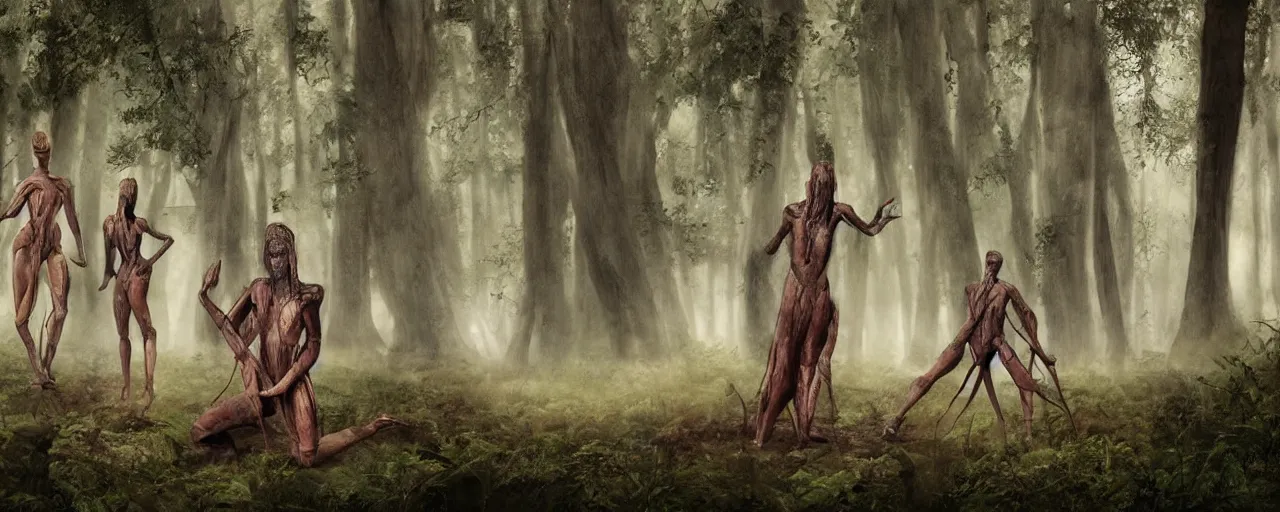 Prompt: Ancient humans in a foggy forest kneeling, in front of them are two elegantly dressed 12 foot tall female humanoids, concept art, bold cool colours