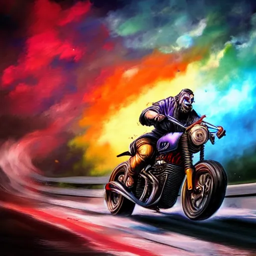 Image similar to colorful airbrush artwork, motorcycle, stylized action shot of an orc biker riding a motorcycle, drifting, skidding, wheelie, clear focused details, soft airbrushed artwork, black background, cgsociety, artstation