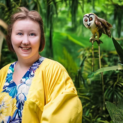 Image similar to Medium format portrait of a beautiful woman wearing a yellow kimono in a tropical greenhouse, she has a very detailed barn owl on her shoulder, ,graflex, 85mm f1.8, bokeh