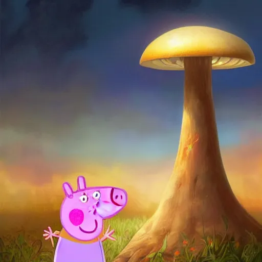 Image similar to Peppa Pig plays in front on a large nuclear mushroom and is totally oblivious to the fact that the city is in flames and everyone die. Elegant, intricate, digital painting, artstation, concept art, smooth, sharp focus, illustration, art by artgerm and greg rutkowski and alphonse mucha