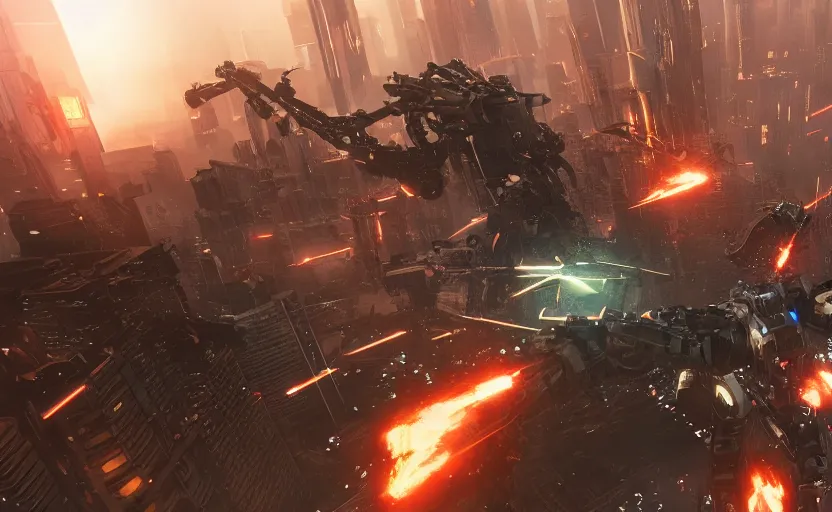 Prompt: an epic fight between two gigantic weaponized mechs in the middle of a futuristic new york city, futuristic, epic, cinematic, raytracing, cyberpunk, 4 k, destructive, awesome, stunning