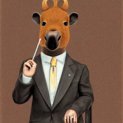 Image similar to a high detail photo of an antropomorphic capybara wearing a suit smoking a cigarrette, subject= duck, subject detail: wearing a suit, subject action: smoking a cigarrette photorealism