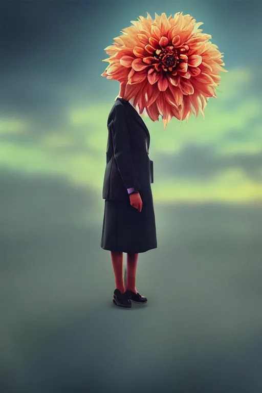 Image similar to portrait giant dahlia flower head, frontal, girl in a suit, standing in street, surreal photography, sunrise, dramatic light, impressionist painting, digital painting, artstation, simon stalenhag