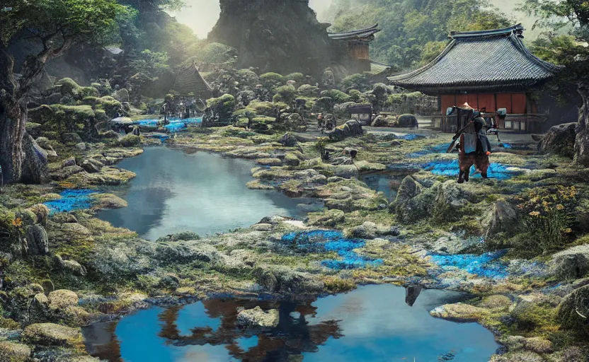 Image similar to highly detailed digital illustration of samurai kneeling in the blue puddle in old, ruined, japanese village from sengoku period, surrounded by dense rock formations, high in mountains, cinematic lighting, photobash, raytracing, volumetric lighting