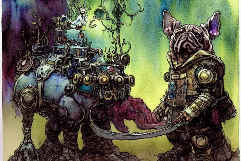 Image similar to a simple and atmospheric watercolour fantasy character concept art portrait of a mechanized android bulldog as a druidic warrior wizard looking at the camera with an intelligent gaze, very muted colors, by rebecca guay, michael kaluta, charles vess and jean moebius giraud