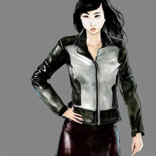 Prompt: a perfect, realistic professional digital sketch of a Japanese young woman posing, wearing leather jacket and skirt, in style of Marvel, full length, by pen and watercolor, by a professional American senior artist on ArtStation, a high-quality hollywood-style sketch, on high-quality paper