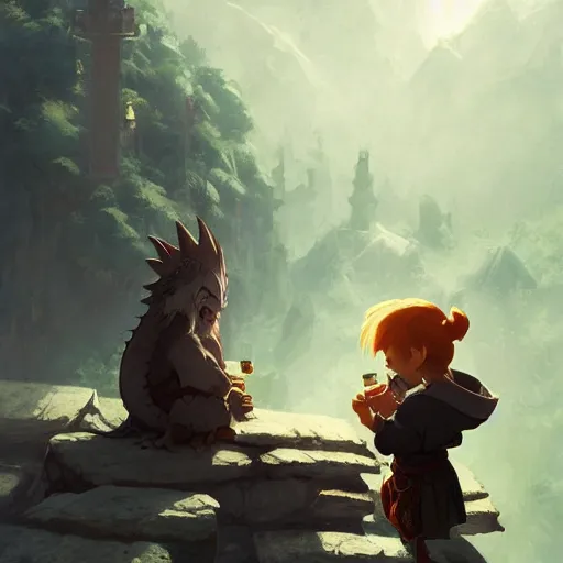 Image similar to a dwarf and a dragon drinking a beer | fantasy art | gapmoe kuudere moody lighting stunning bokeh highlights sharp contrast | trending pixiv fanbox | by greg rutkowski makoto shinkai takashi takeuchi studio ghibli