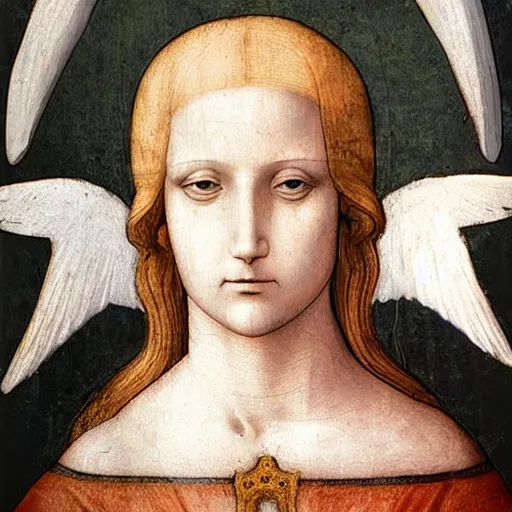 Prompt: realistic medieval painting portrait of white angel with clean narrow face like noface and miracle light coming up from the head, 3 / 4, grace and blessing, sfumato effect by leonardo da vinci, renaissance, christianity, only white colors, emty background