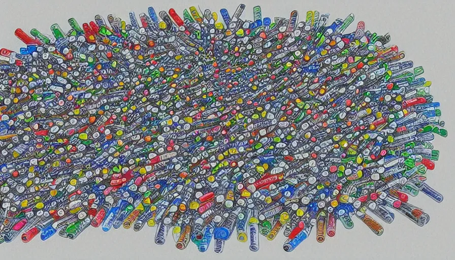 Image similar to a thousand plastic pens have fallen, hyperrealistic shaded