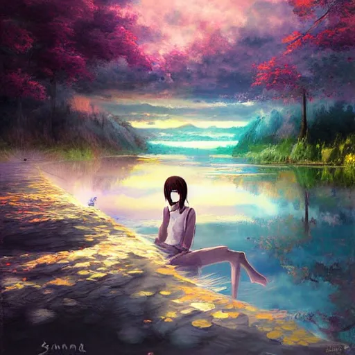 Image similar to advanced anime painting , a lake that leads into another dimension, oil painting, shikamimi, WLOP, RossDraws