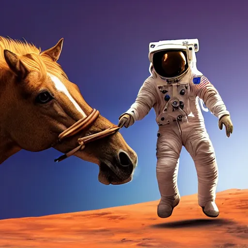 Prompt: astronaut crawls on the surface of mars with a horse on his back, digital art