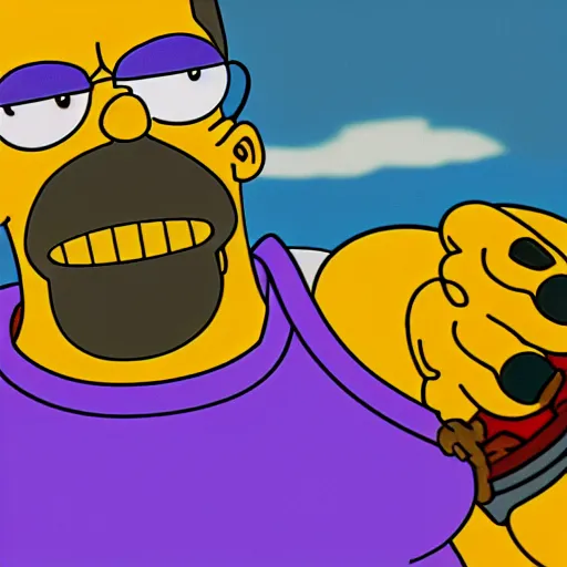 Image similar to CG Homer Simpson as Thanos, cinematic, anamorphic 4K