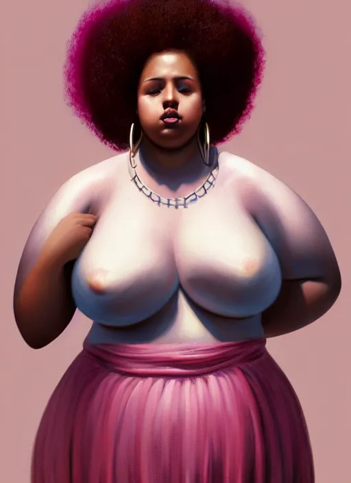 Image similar to full body portrait, teenage vanessa morgan, pink hair, brown skin, obese, curly pixie hair, sultry, realistic, short hair, hoop earrings, skirt, shirt, fat, belly, intricate, elegant, highly detailed, digital painting, artstation, concept art, smooth, sharp focus, illustration, art by wlop, mars ravelo and greg rutkowski