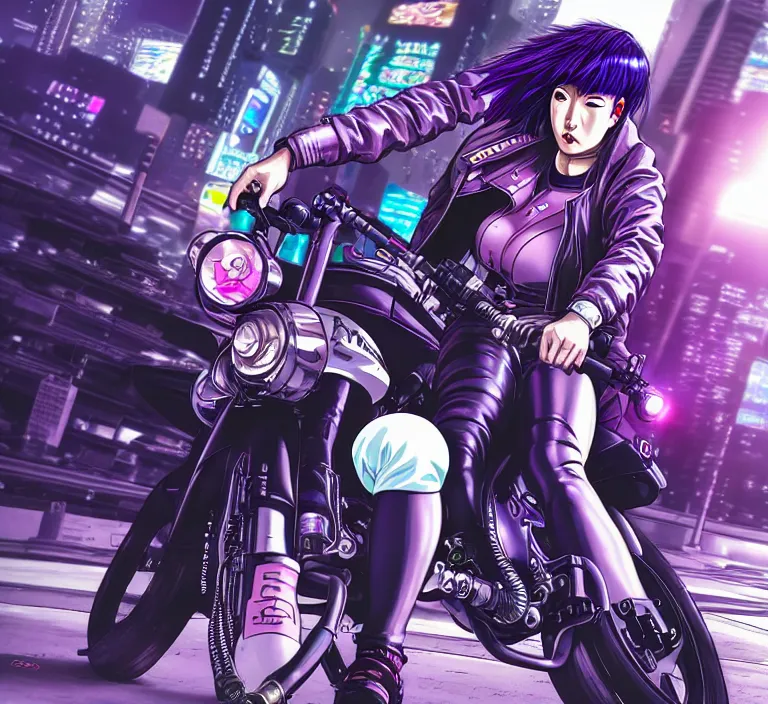 Image similar to motoko kusanagi riding a cyberpunk vehicle in a grungy cyberpunk megacity, bosozoku gang war, cyberpunk vaporwave, by phil jimenez, artgerm, sola digital arts, anti aliasing, raytracing