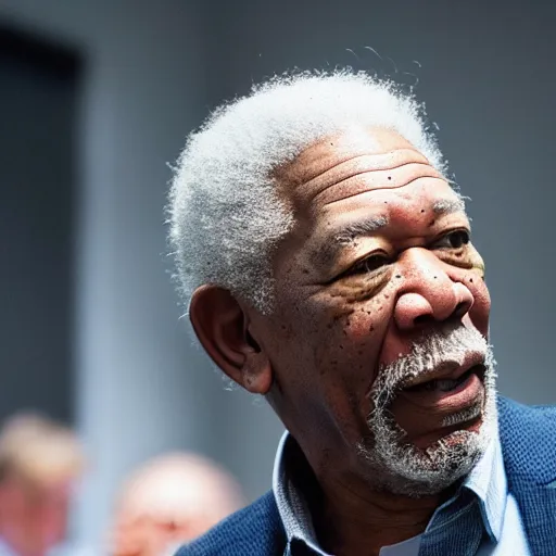 Image similar to cinematic still of Morgan Freeman preaching at a Baptist Church in Rural Tennessee, close up, shallow depth of field, cinematic